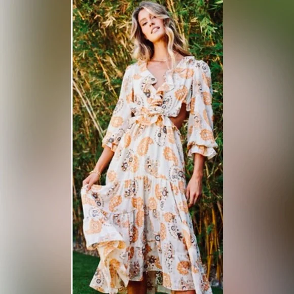 Anthropologie Bishop + Young Cream/Yellow/Gold Print Cut Out Sides Dress Sz. S - Picture 10 of 10